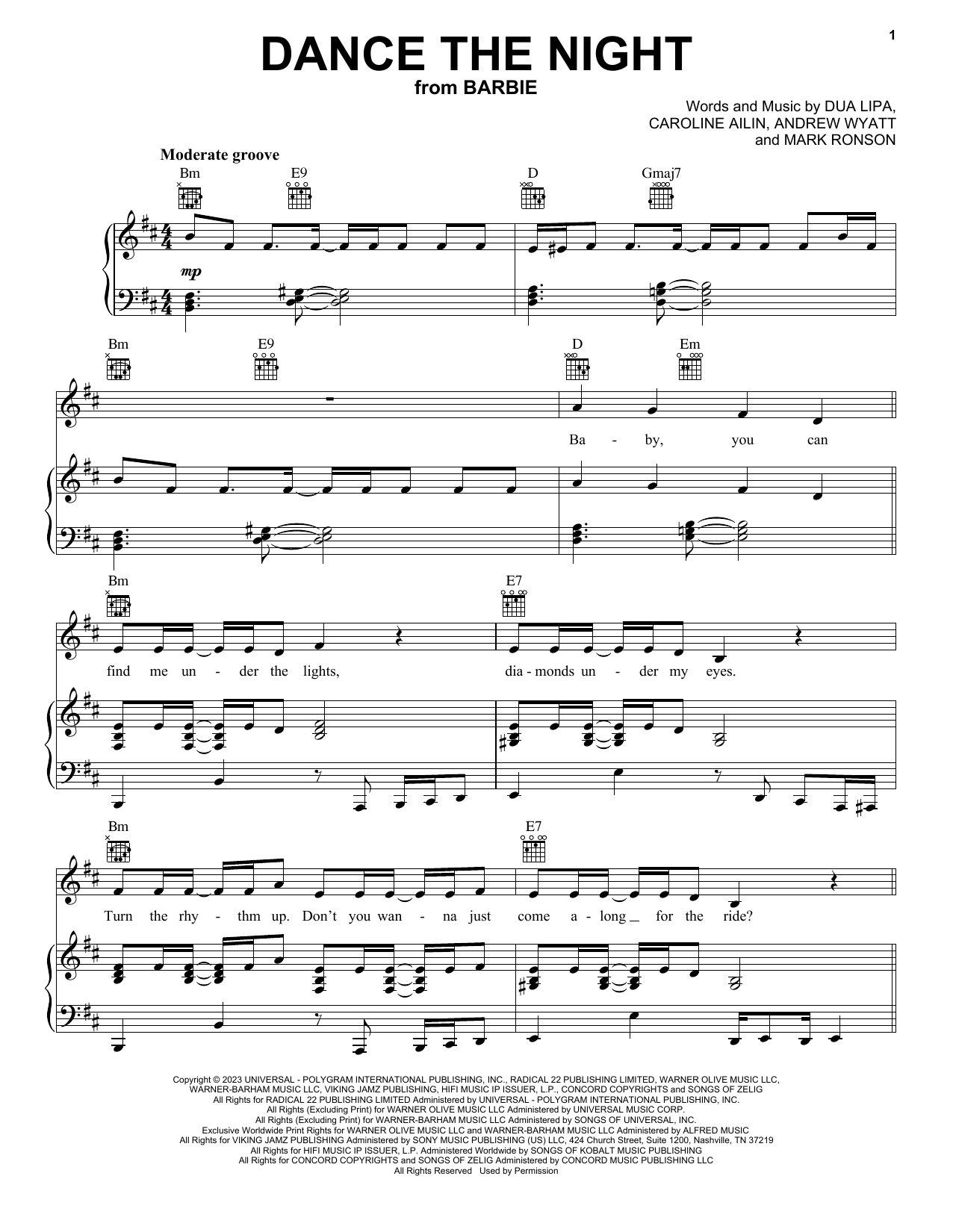 Dua Lipa Dance The Night (from Barbie The Album) Sheet Music Notes & Chords for Easy Piano - Download or Print PDF