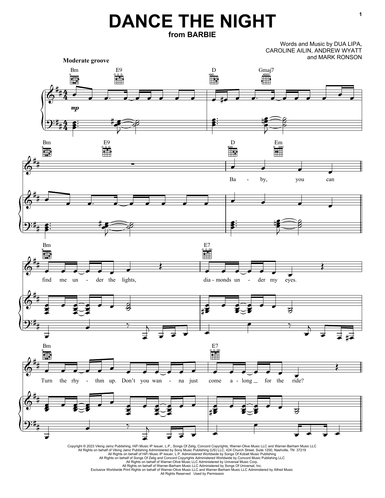 Dua Lipa Dance The Night (from Barbie The Album) Sheet Music Notes & Chords for Piano, Vocal & Guitar Chords (Right-Hand Melody) - Download or Print PDF