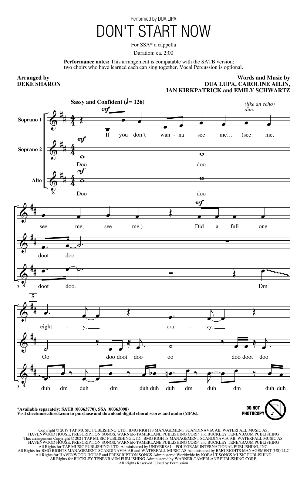 Dua Lipa Don't Start Now (arr. Deke Sharon) Sheet Music Notes & Chords for SSA Choir - Download or Print PDF