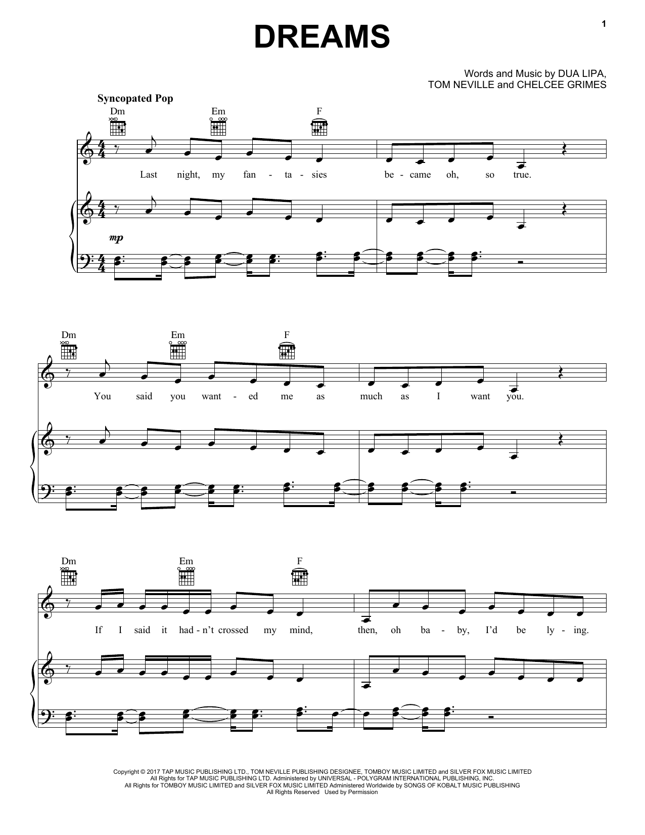 Dua Lipa Dreams Sheet Music Notes & Chords for Piano, Vocal & Guitar (Right-Hand Melody) - Download or Print PDF