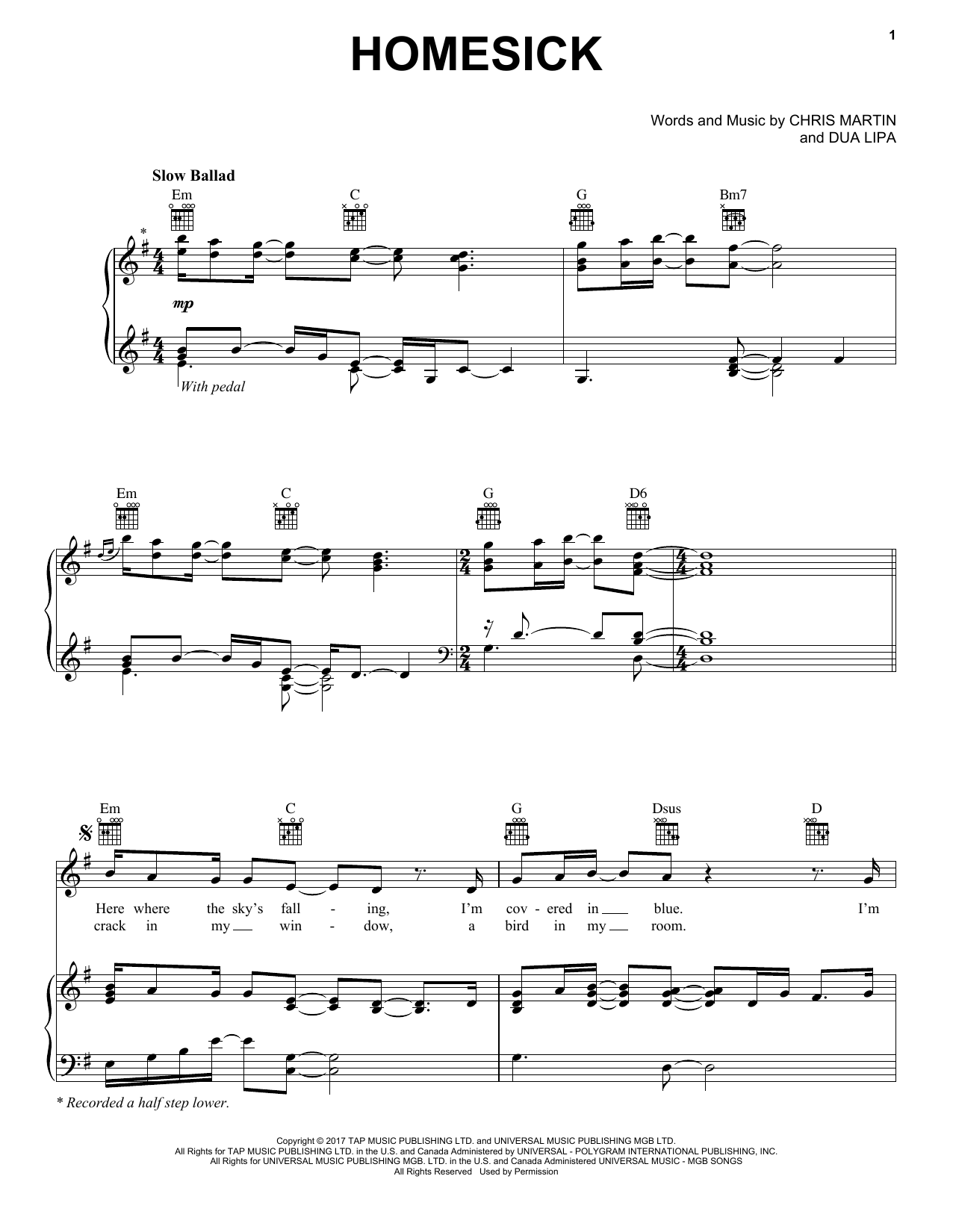 Dua Lipa feat. Chris Martin Homesick Sheet Music Notes & Chords for Piano, Vocal & Guitar (Right-Hand Melody) - Download or Print PDF