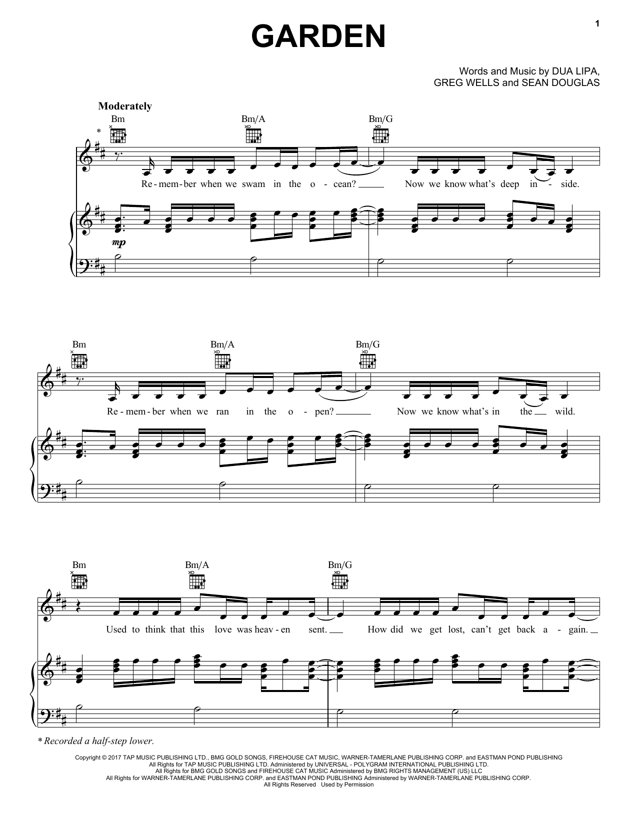 Dua Lipa Garden Sheet Music Notes & Chords for Piano, Vocal & Guitar (Right-Hand Melody) - Download or Print PDF