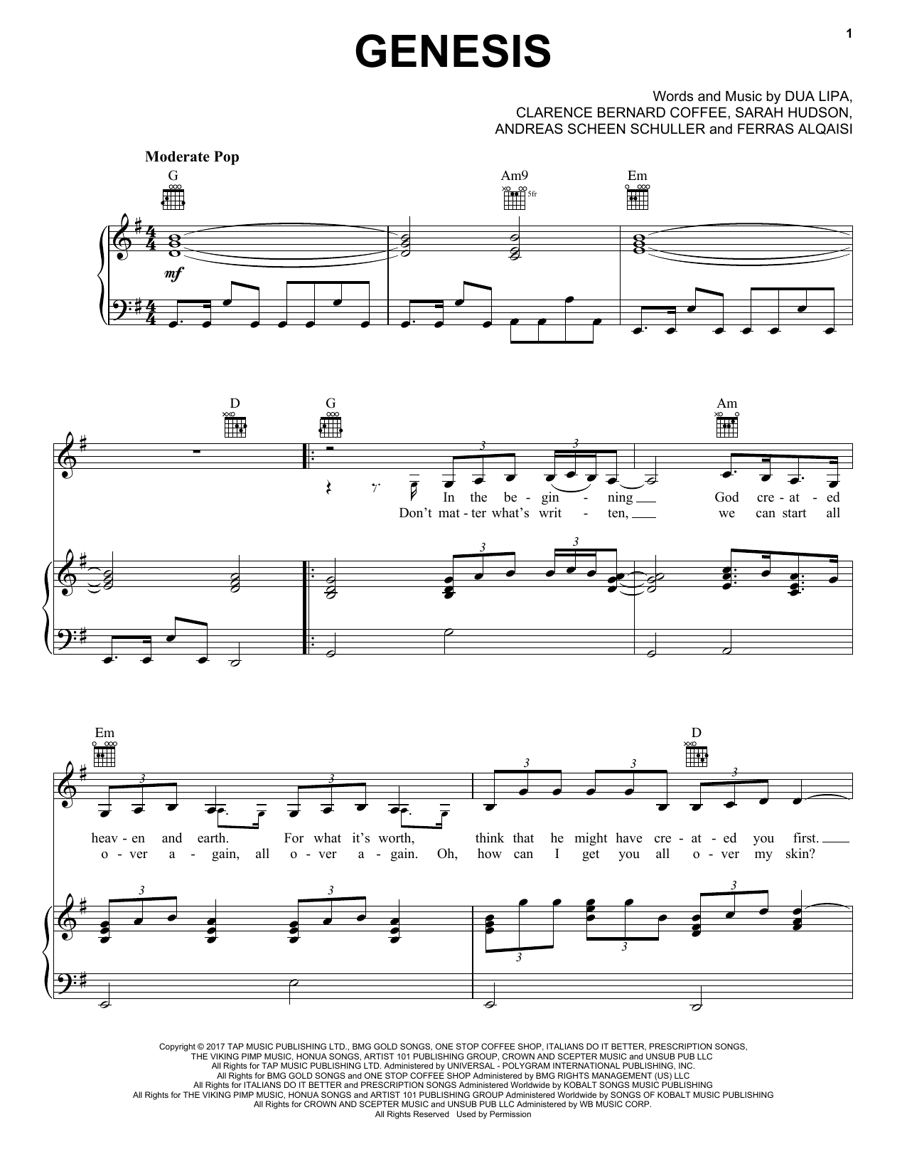 Dua Lipa Genesis Sheet Music Notes & Chords for Piano, Vocal & Guitar (Right-Hand Melody) - Download or Print PDF