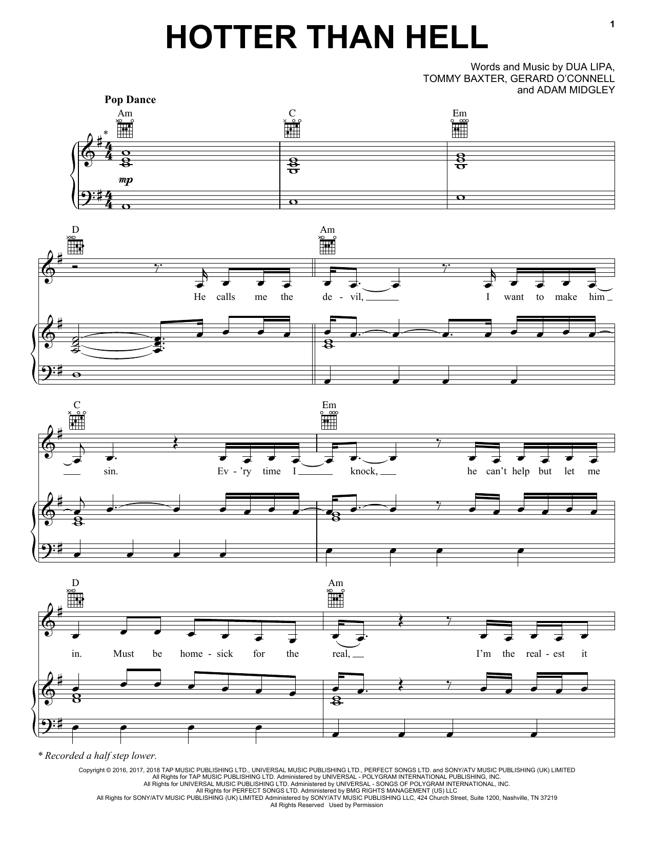 Dua Lipa Hotter Than Hell Sheet Music Notes & Chords for Piano, Vocal & Guitar (Right-Hand Melody) - Download or Print PDF