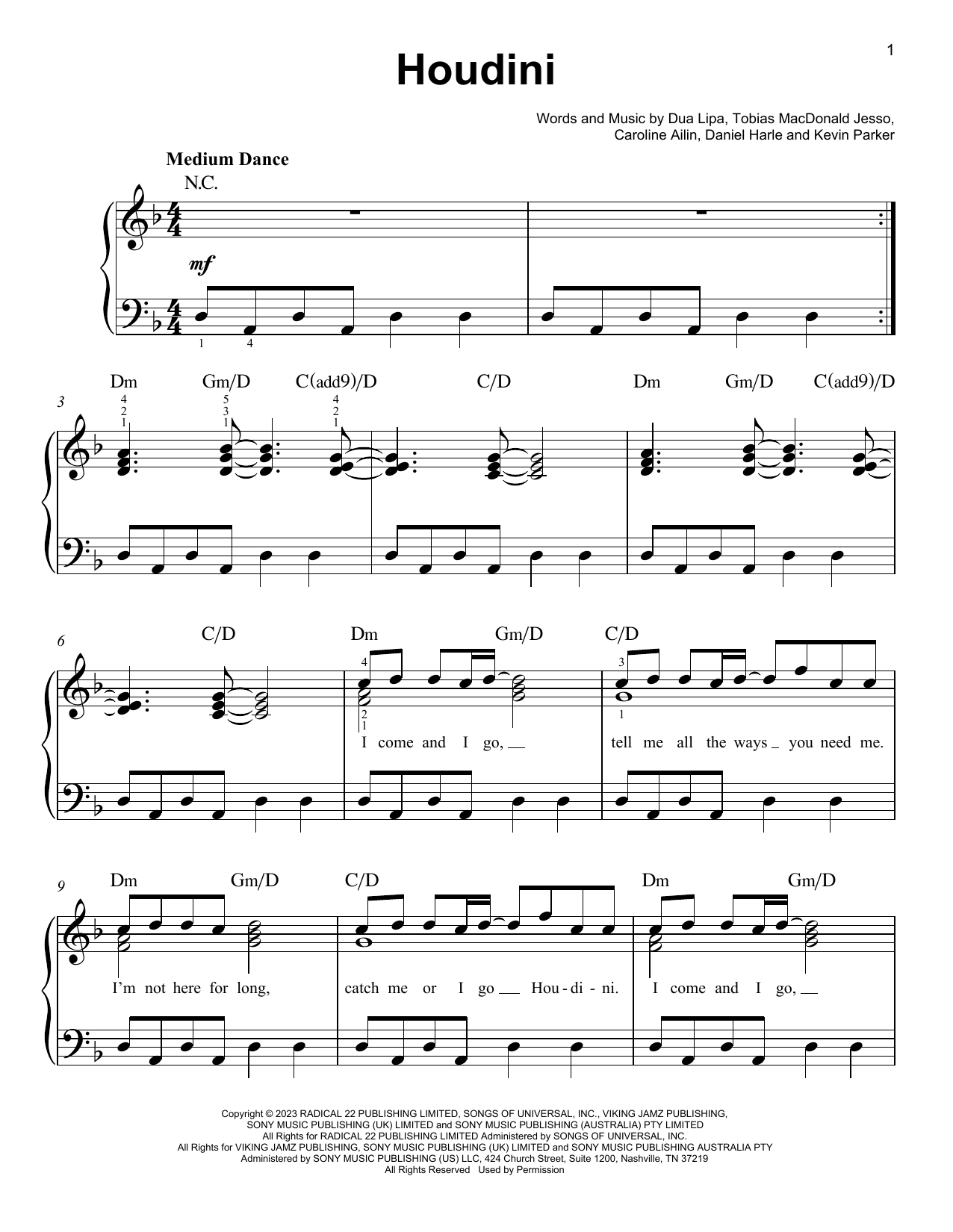 Dua Lipa Houdini Sheet Music Notes & Chords for Piano, Vocal & Guitar Chords (Right-Hand Melody) - Download or Print PDF