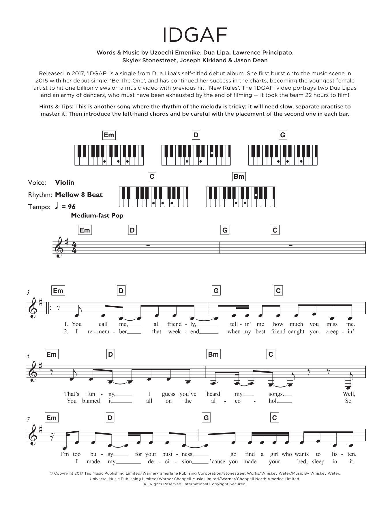 Dua Lipa IDGAF Sheet Music Notes & Chords for Piano, Vocal & Guitar Chords (Right-Hand Melody) - Download or Print PDF