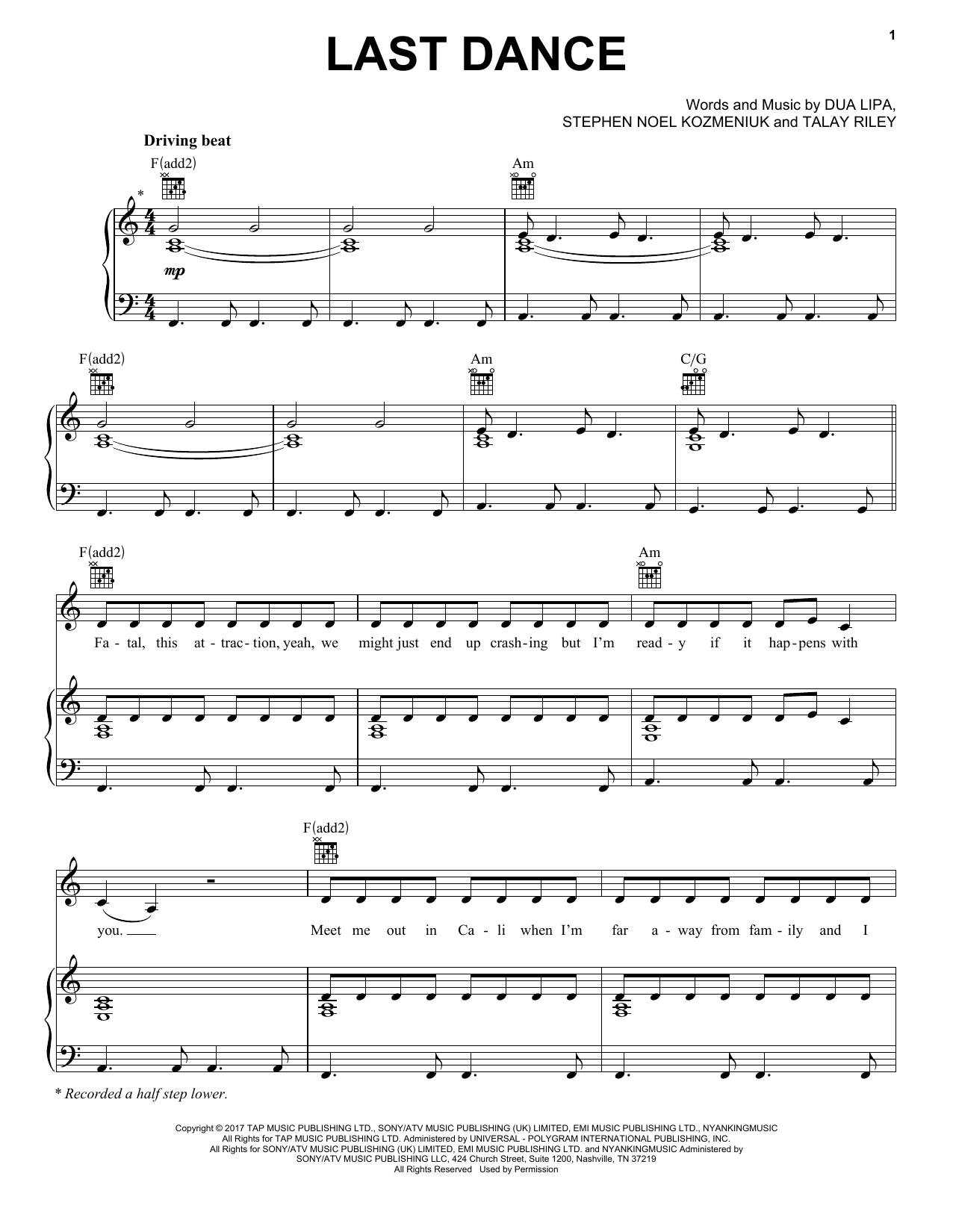 Dua Lipa Last Dance Sheet Music Notes & Chords for Piano, Vocal & Guitar (Right-Hand Melody) - Download or Print PDF