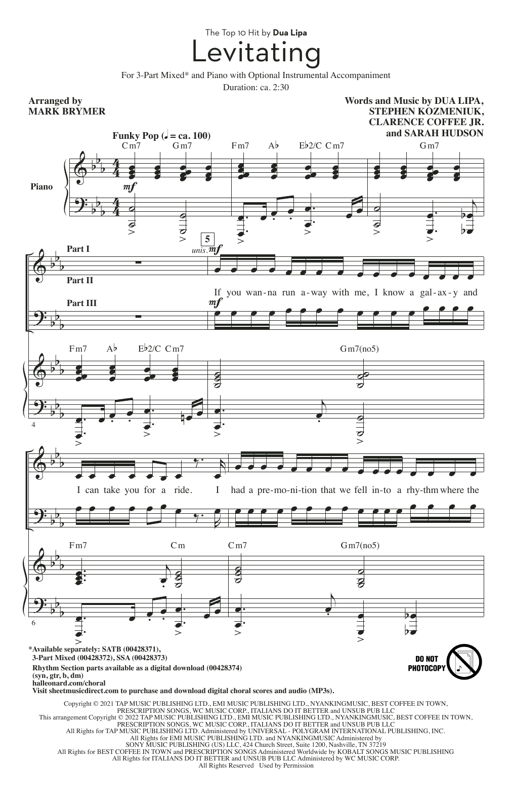 Dua Lipa Levitating (arr. Mark Brymer) Sheet Music Notes & Chords for 3-Part Mixed Choir - Download or Print PDF