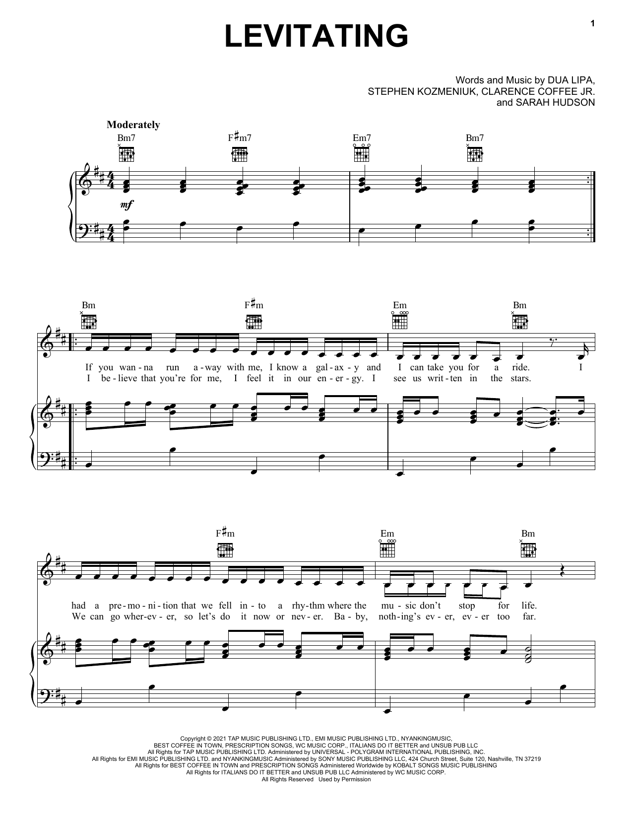 Dua Lipa Levitating Sheet Music Notes & Chords for Piano, Vocal & Guitar (Right-Hand Melody) - Download or Print PDF