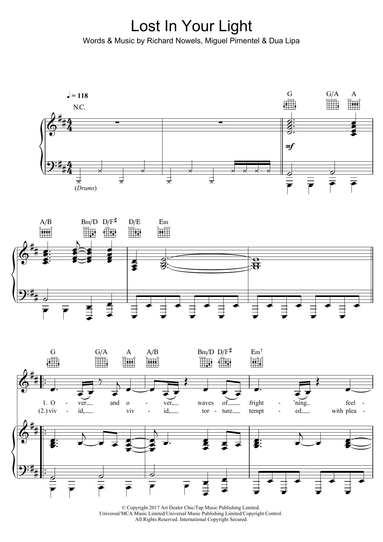 Dua Lipa Lost In Your Light (featuring Miguel) Sheet Music Notes & Chords for Piano, Vocal & Guitar (Right-Hand Melody) - Download or Print PDF