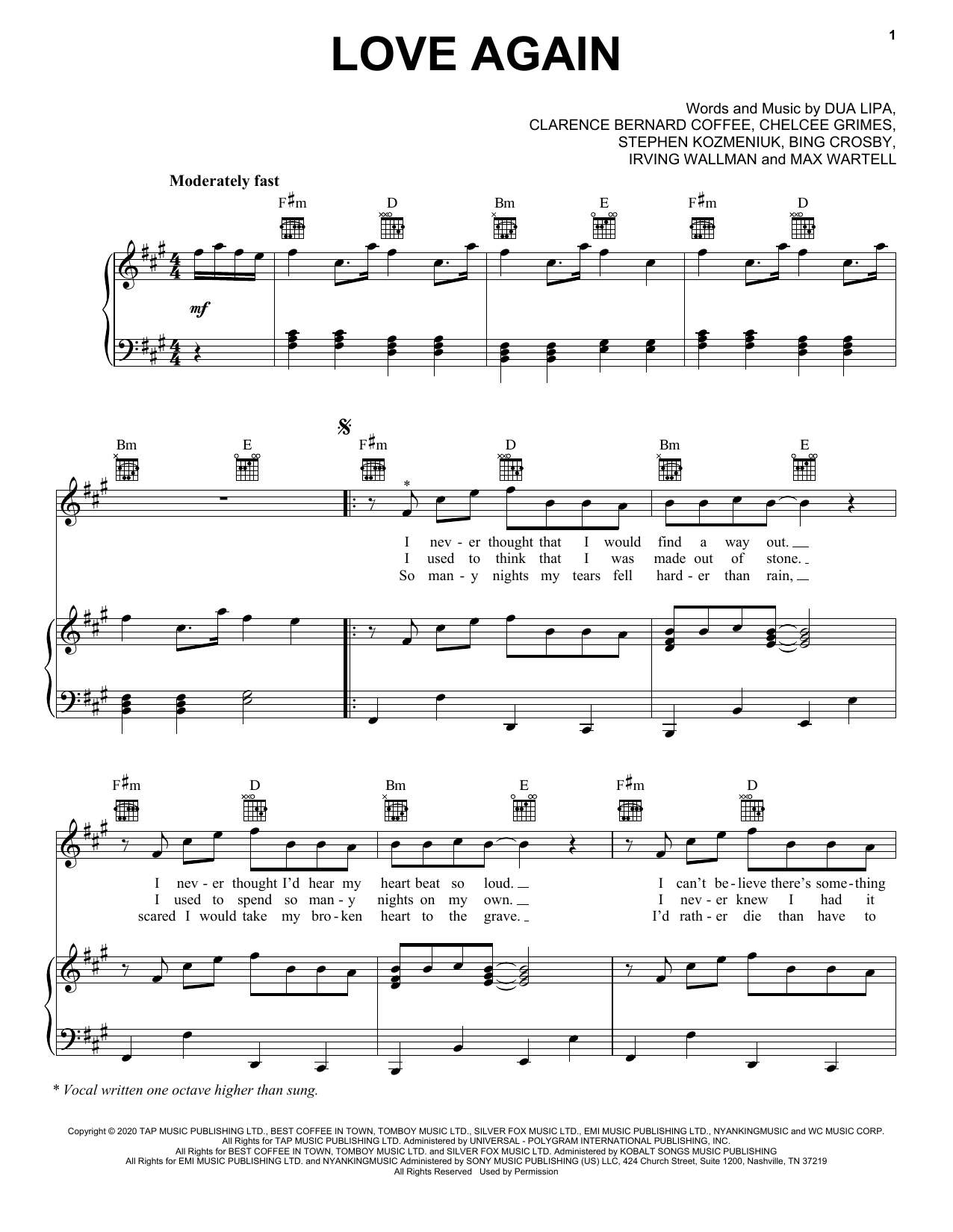 Dua Lipa Love Again Sheet Music Notes & Chords for Piano, Vocal & Guitar (Right-Hand Melody) - Download or Print PDF