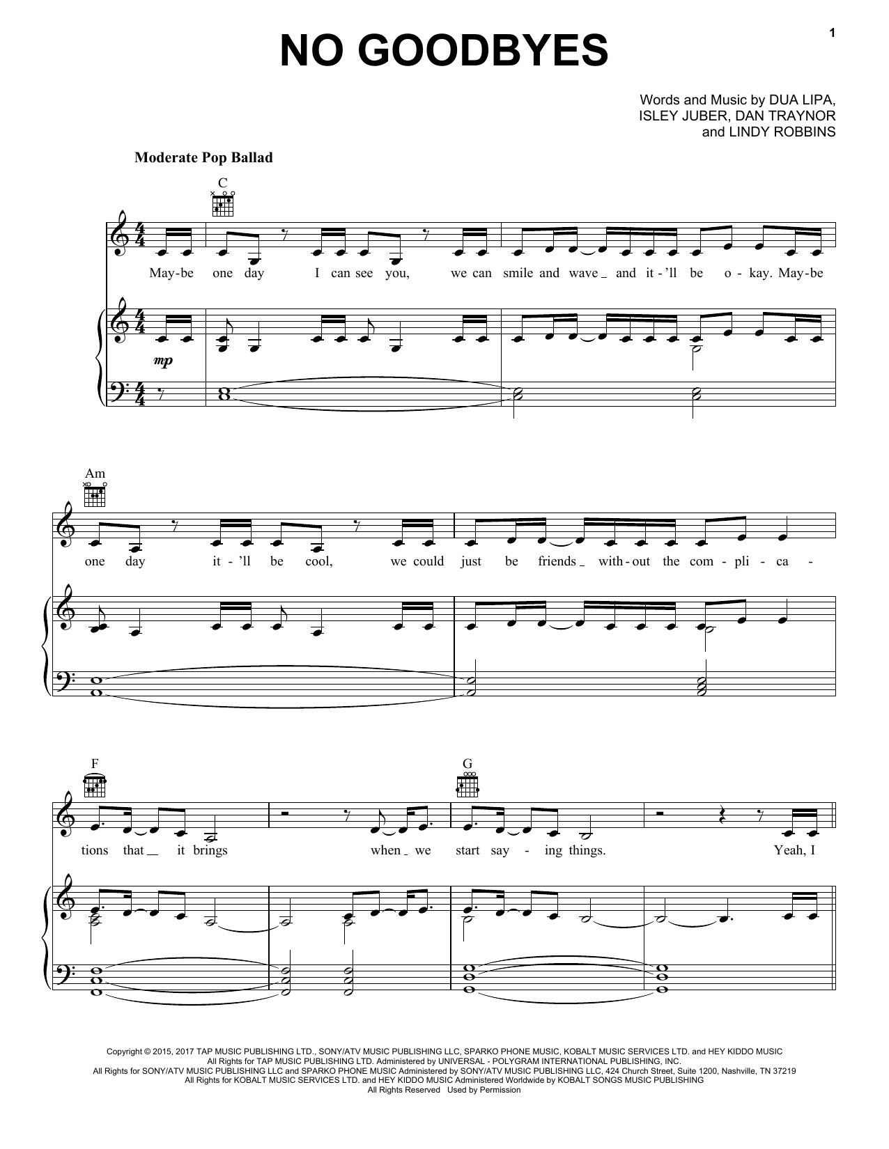 Dua Lipa No Goodbyes Sheet Music Notes & Chords for Piano, Vocal & Guitar (Right-Hand Melody) - Download or Print PDF
