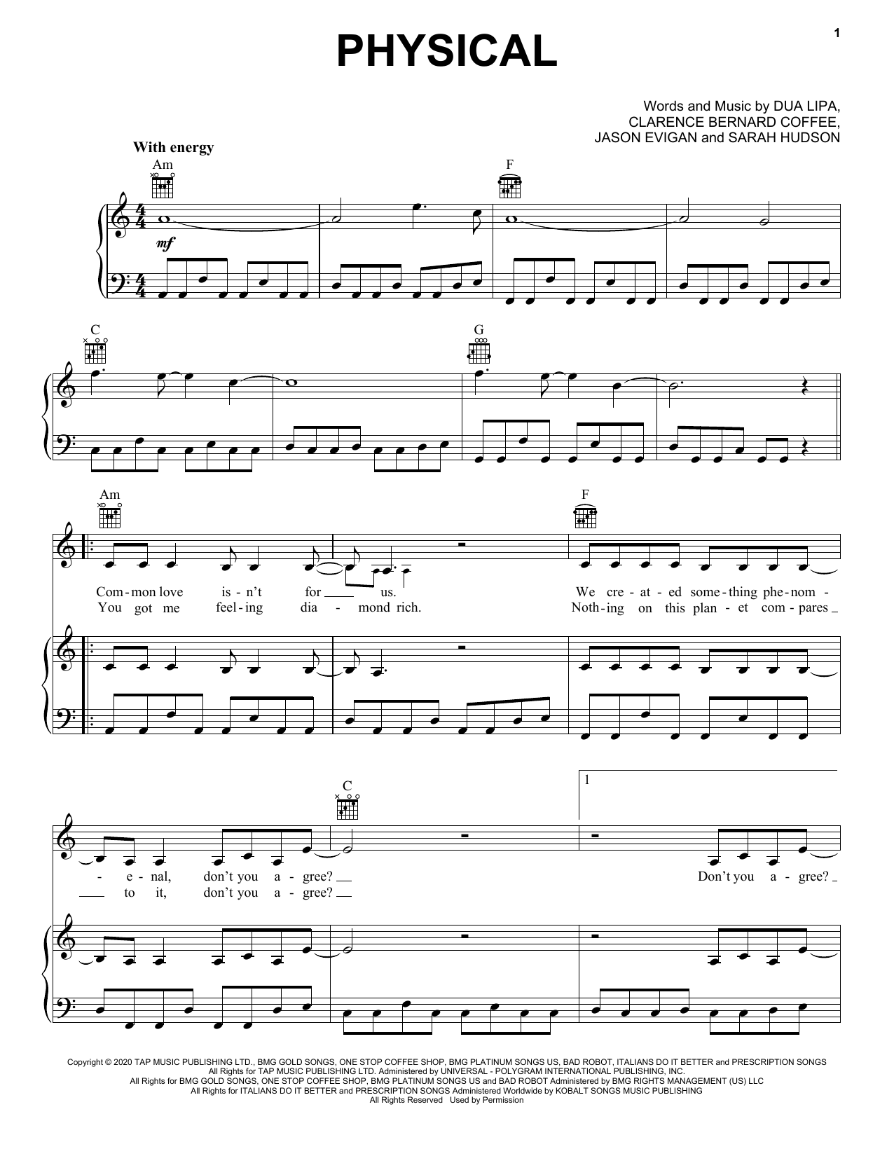 Dua Lipa Physical Sheet Music Notes & Chords for Piano, Vocal & Guitar (Right-Hand Melody) - Download or Print PDF