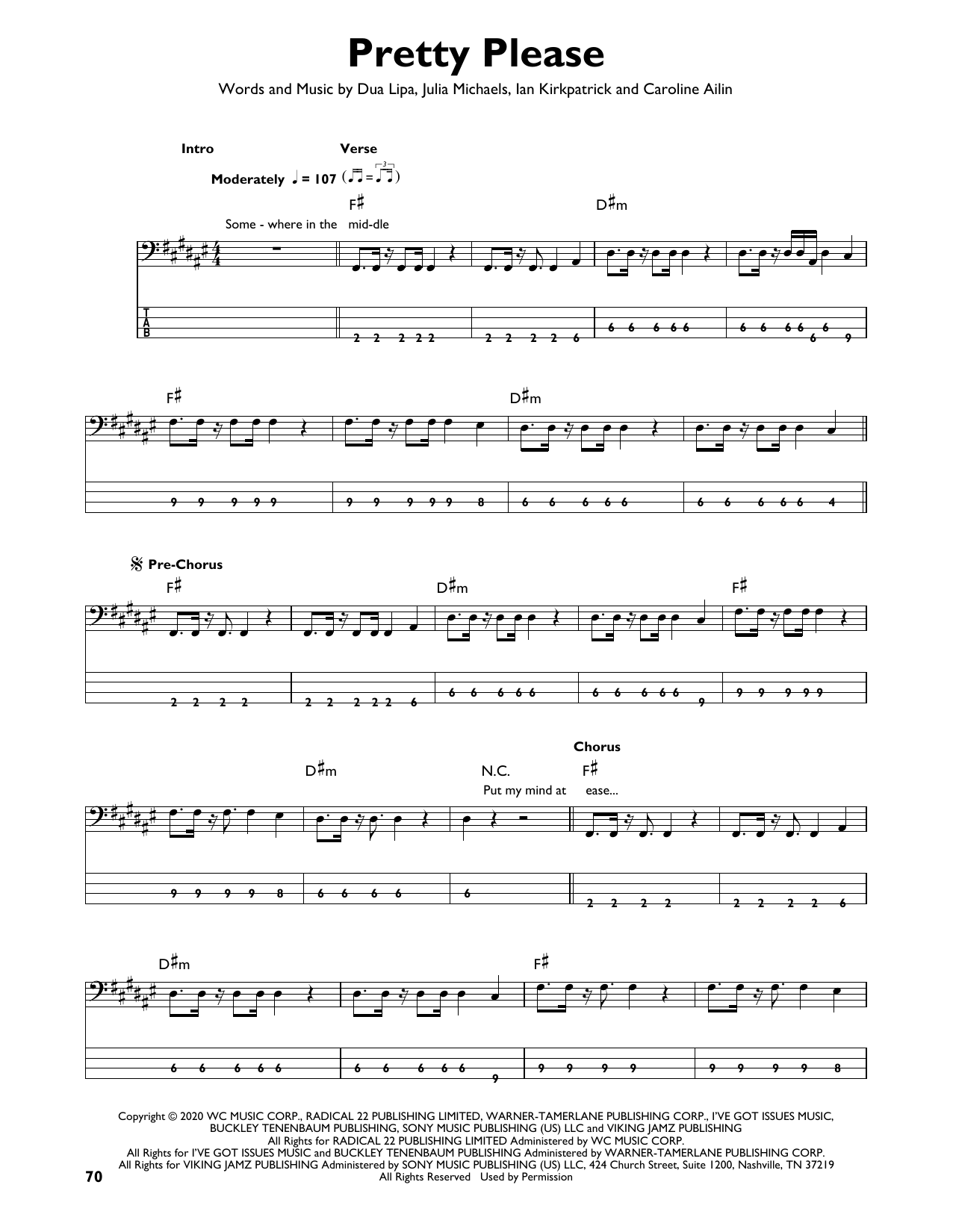 Dua Lipa Pretty Please Sheet Music Notes & Chords for Easy Bass Tab - Download or Print PDF