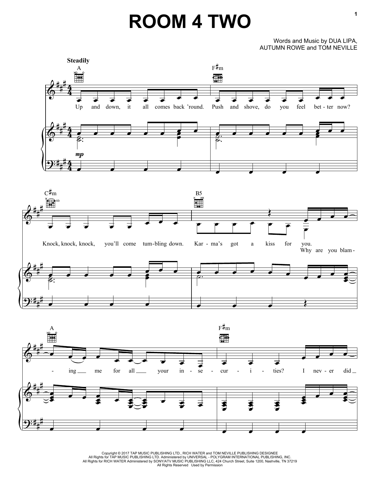 Dua Lipa Room 4 Two Sheet Music Notes & Chords for Piano, Vocal & Guitar (Right-Hand Melody) - Download or Print PDF