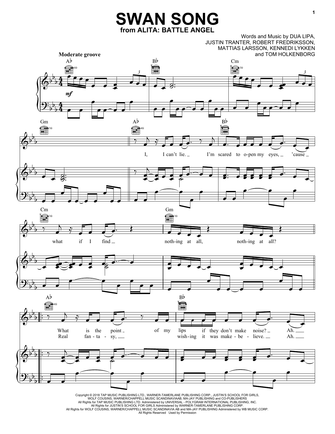 Dua Lipa Swan Song (from Alita: Battle Angel) Sheet Music Notes & Chords for Piano, Vocal & Guitar (Right-Hand Melody) - Download or Print PDF