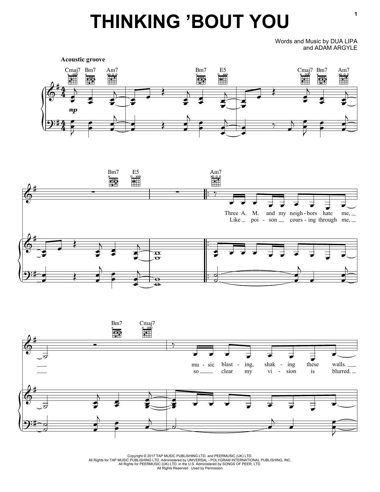 Dua Lipa Thinking 'Bout You Sheet Music Notes & Chords for Piano, Vocal & Guitar (Right-Hand Melody) - Download or Print PDF