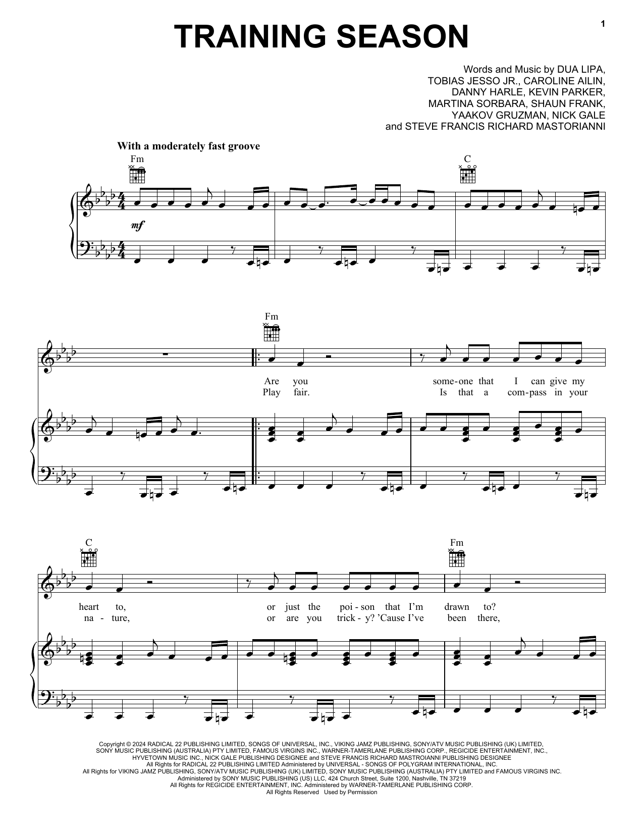 Dua Lipa Training Season Sheet Music Notes & Chords for Piano, Vocal & Guitar Chords (Right-Hand Melody) - Download or Print PDF