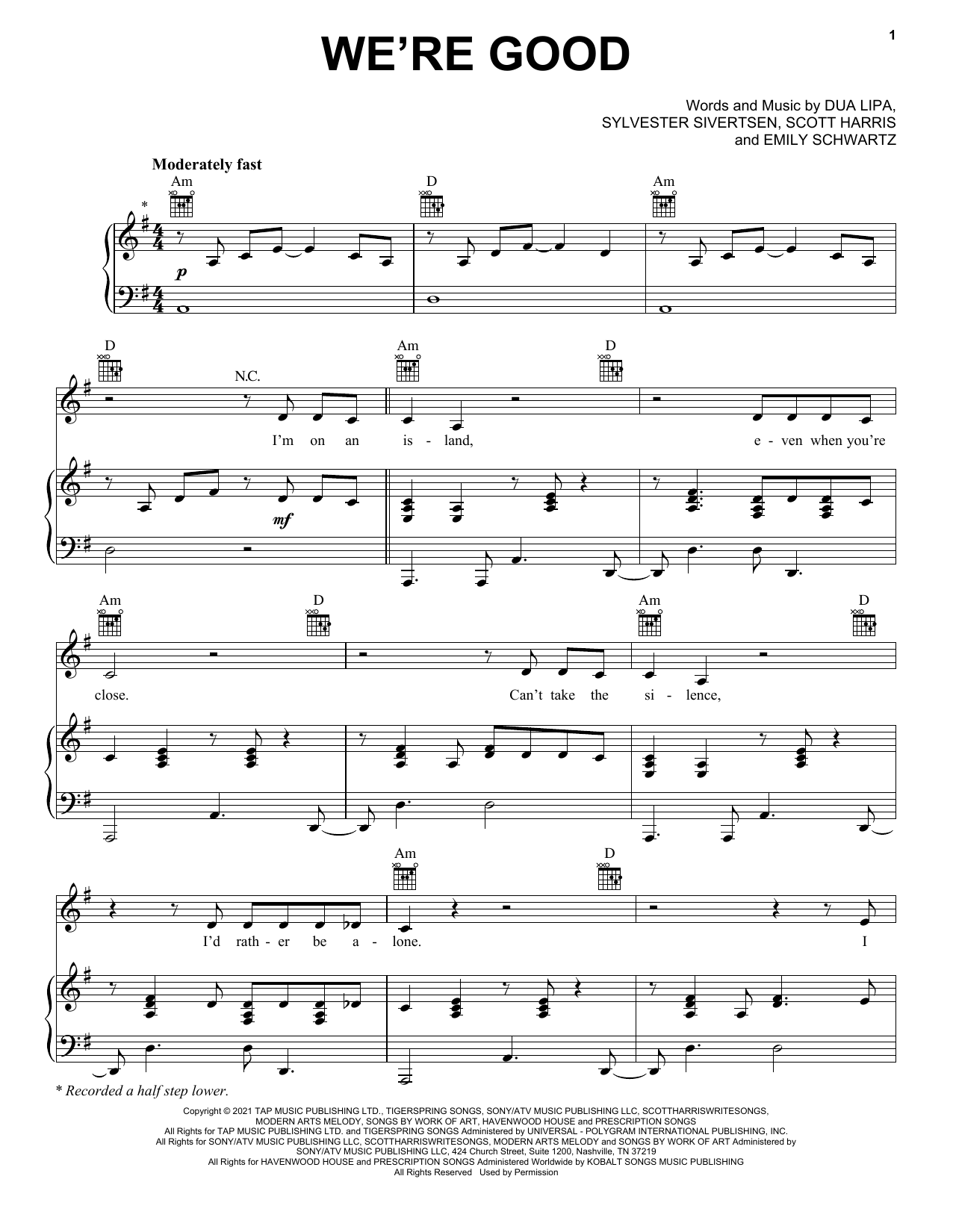 Dua Lipa We're Good Sheet Music Notes & Chords for Piano, Vocal & Guitar (Right-Hand Melody) - Download or Print PDF
