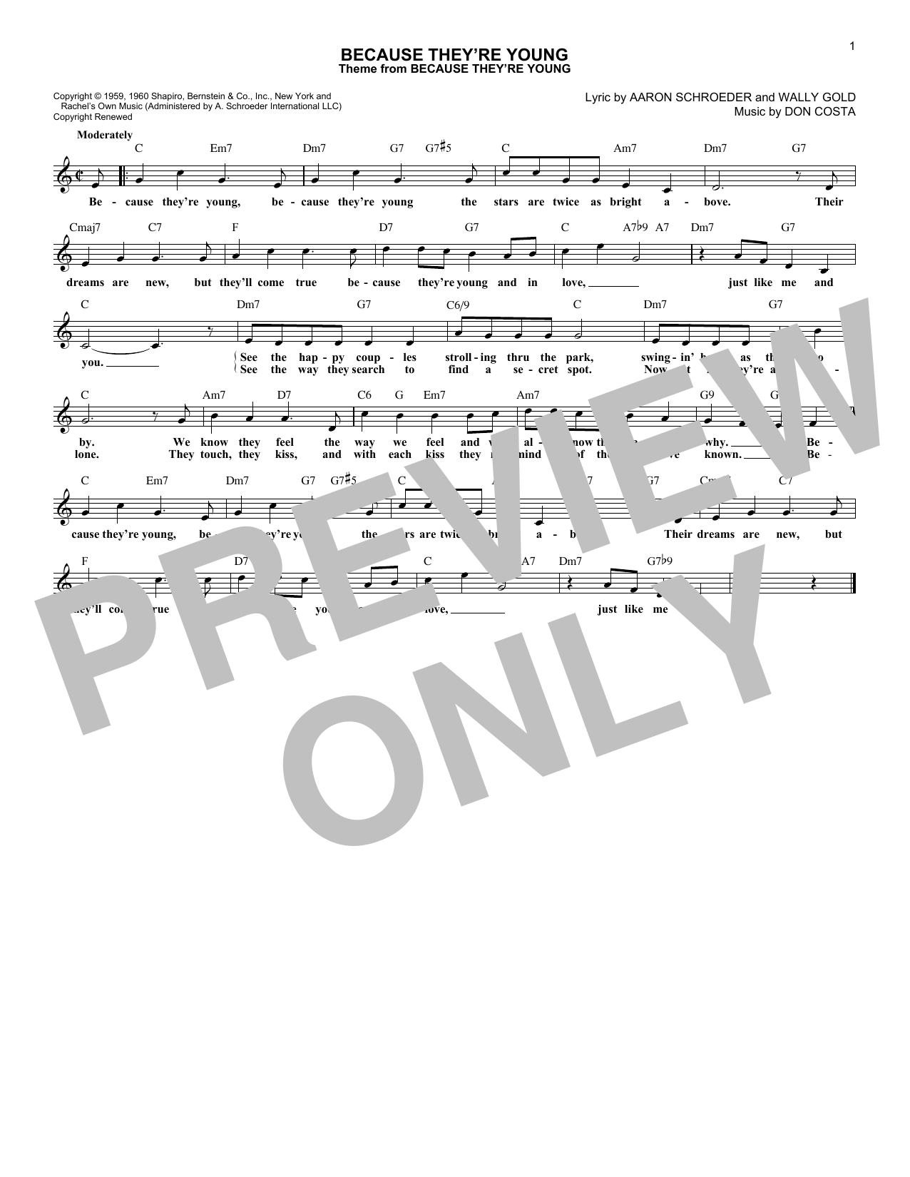Duane Eddy & The Rebels Because They're Young Sheet Music Notes & Chords for Melody Line, Lyrics & Chords - Download or Print PDF