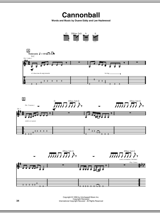 Duane Eddy Cannonball Sheet Music Notes & Chords for Guitar Tab - Download or Print PDF