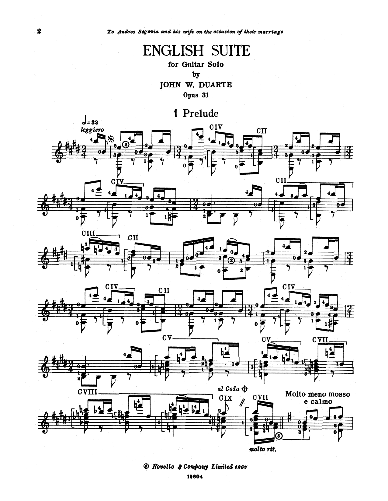 Duarte English Suite Sheet Music Notes & Chords for Solo Guitar - Download or Print PDF