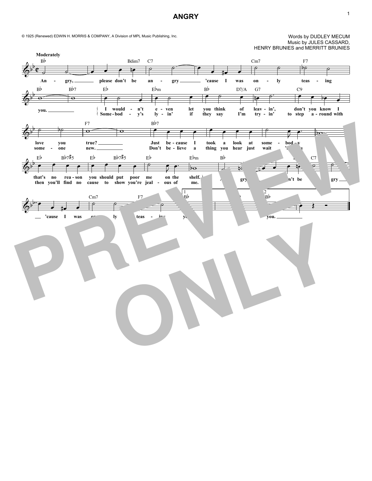 Dudley Mecum Angry Sheet Music Notes & Chords for Melody Line, Lyrics & Chords - Download or Print PDF