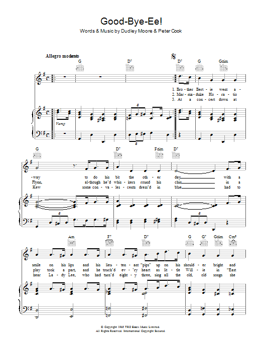 Dudley Moore Goodbye-ee Sheet Music Notes & Chords for Piano, Vocal & Guitar (Right-Hand Melody) - Download or Print PDF