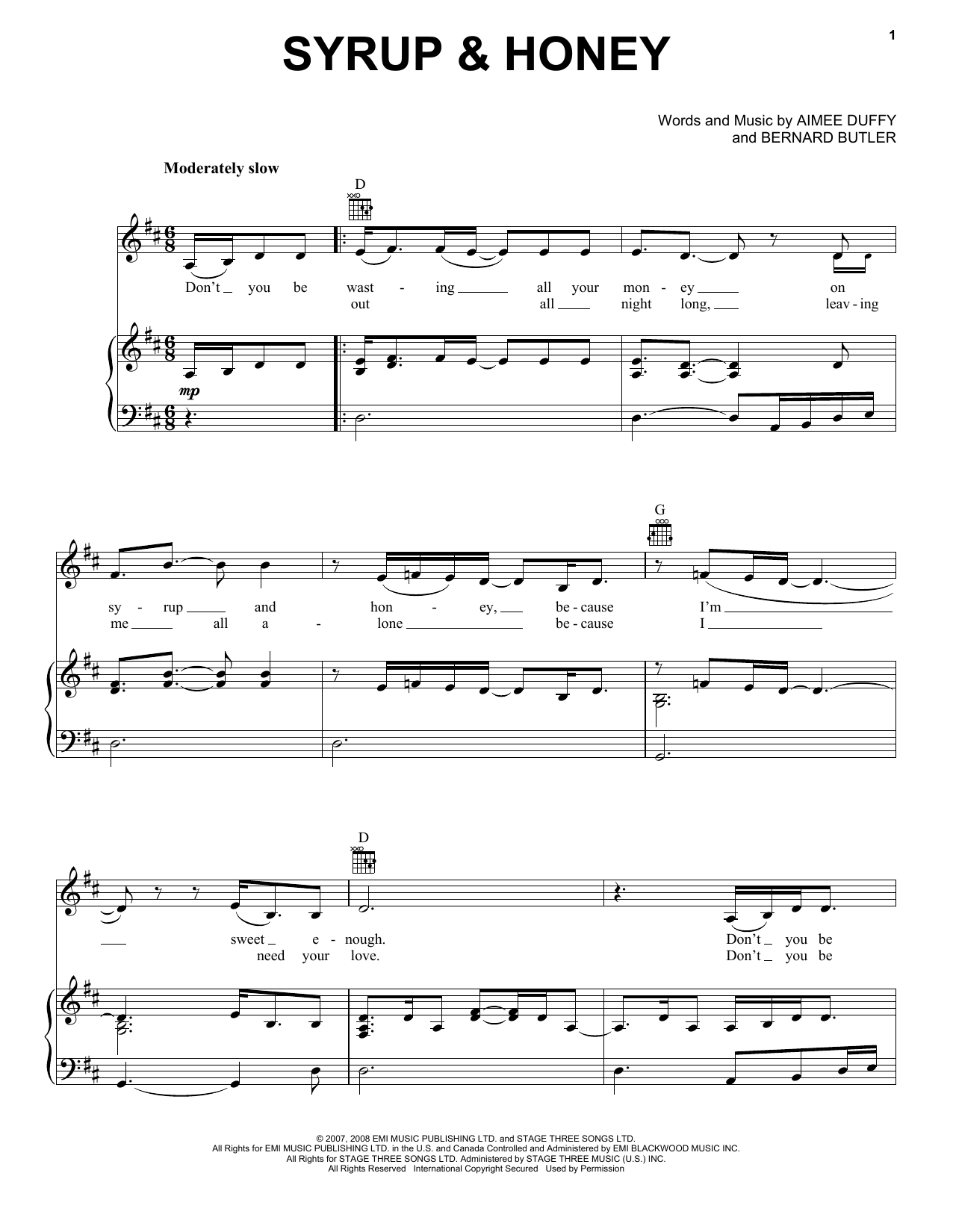 Duffy Syrup & Honey Sheet Music Notes & Chords for Piano, Vocal & Guitar (Right-Hand Melody) - Download or Print PDF