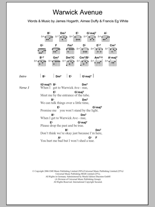 Duffy Warwick Avenue Sheet Music Notes & Chords for Lyrics & Chords - Download or Print PDF