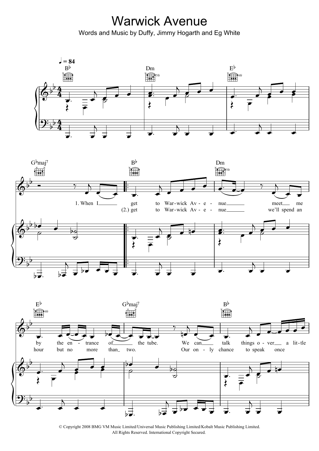 Duffy Warwick Avenue Sheet Music Notes & Chords for Lyrics & Chords - Download or Print PDF