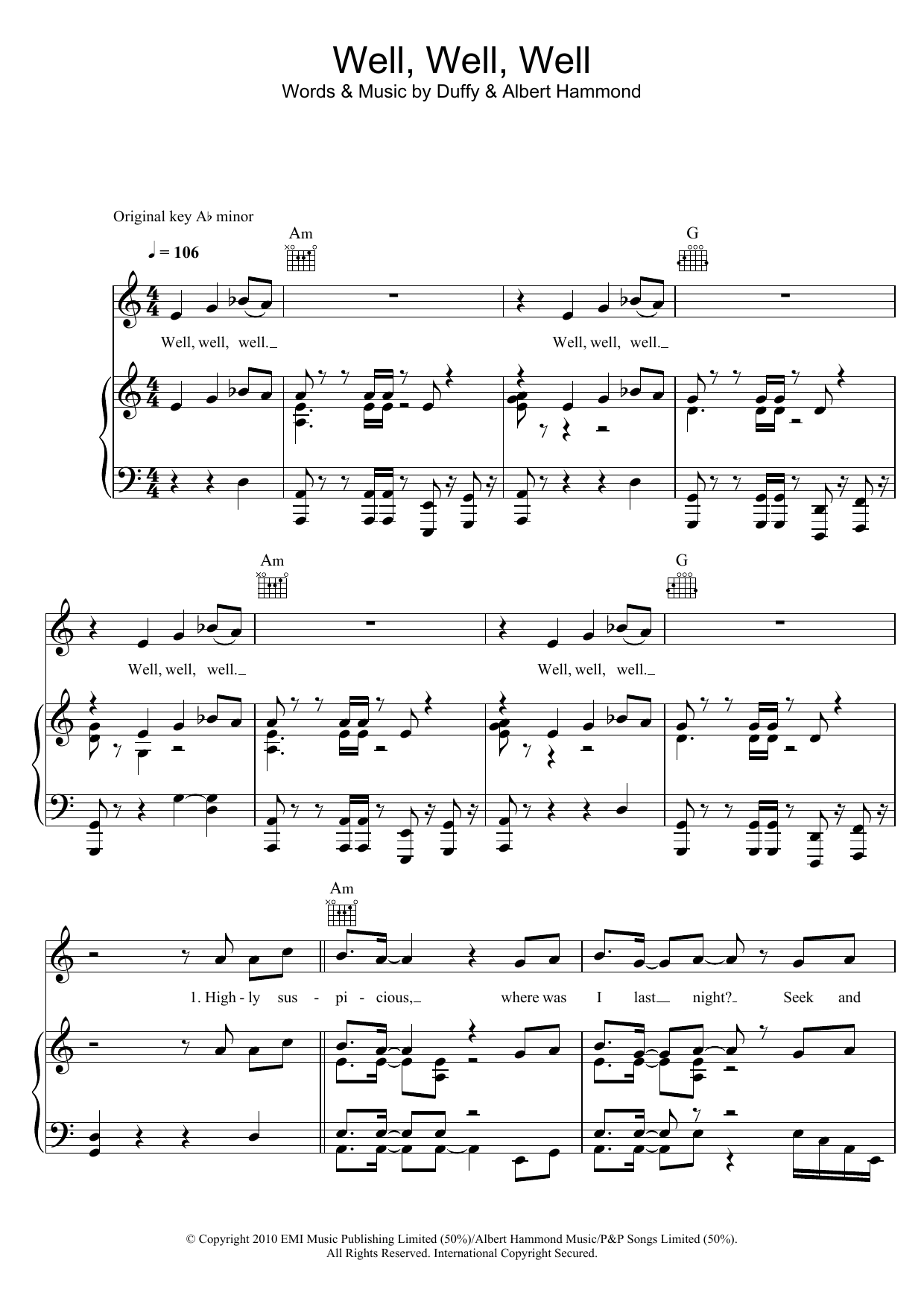 Duffy Well, Well, Well Sheet Music Notes & Chords for Piano, Vocal & Guitar (Right-Hand Melody) - Download or Print PDF