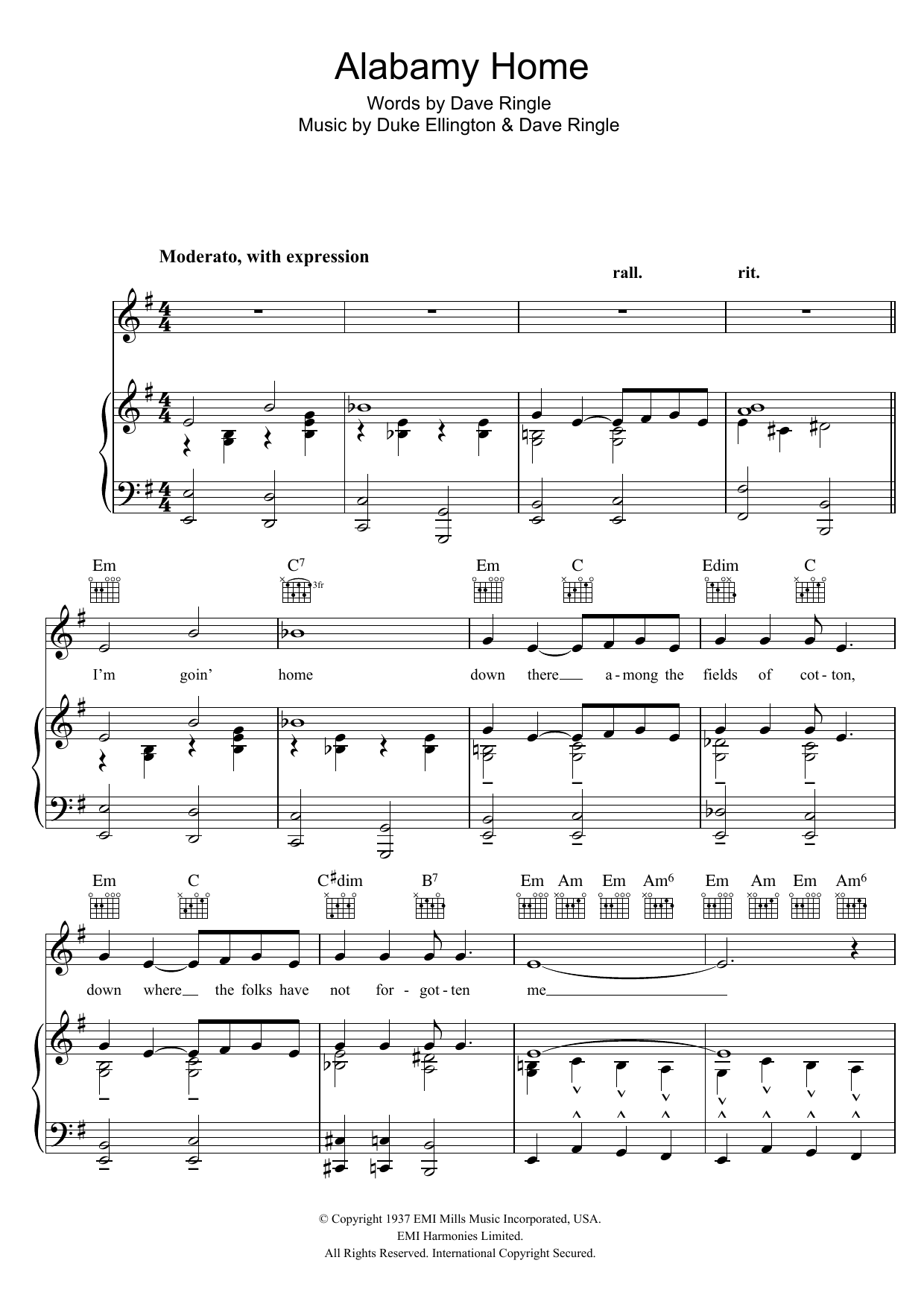 Duke Ellington Alabamy Home Sheet Music Notes & Chords for Piano, Vocal & Guitar (Right-Hand Melody) - Download or Print PDF