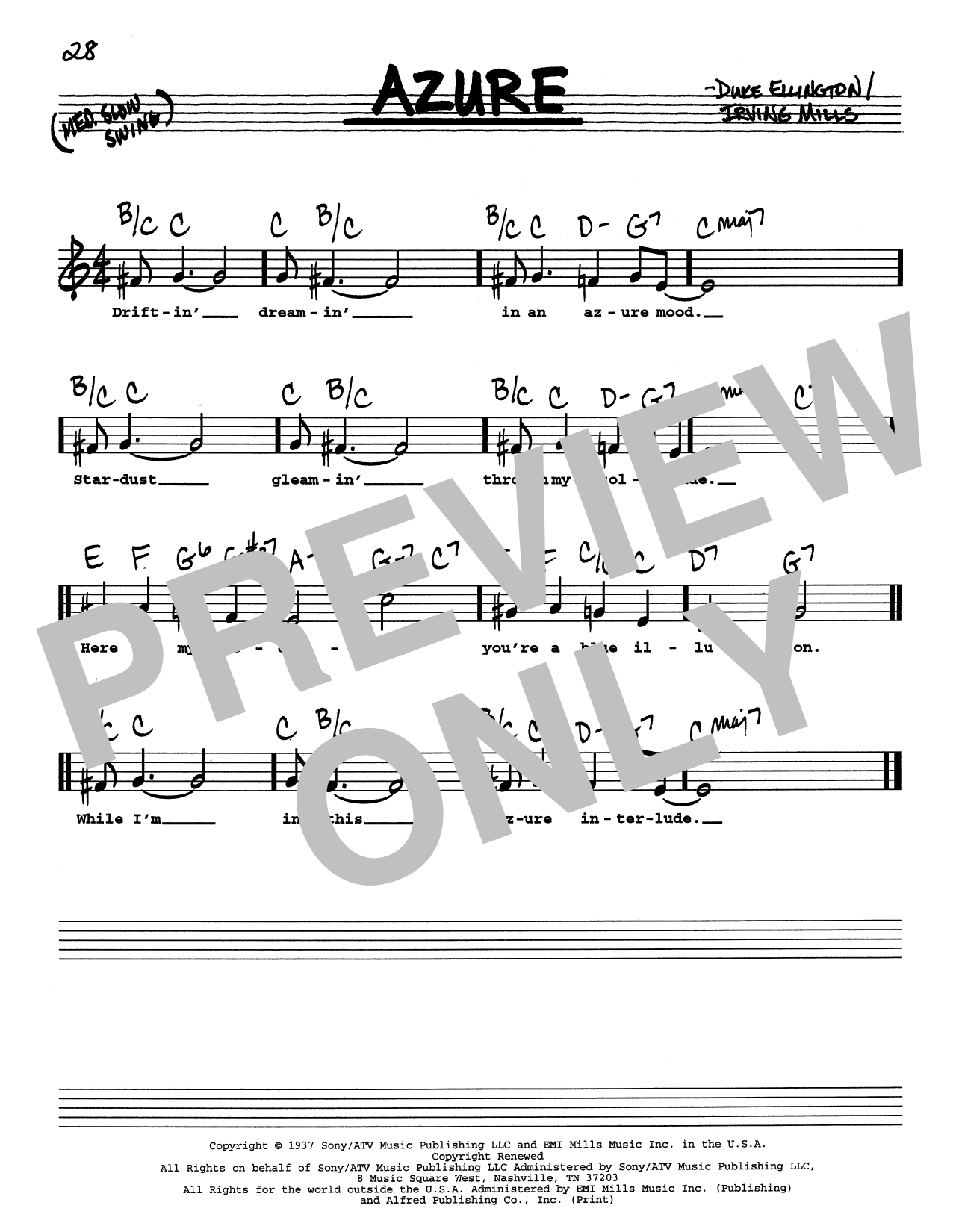 Duke Ellington Azure (Low Voice) Sheet Music Notes & Chords for Real Book – Melody, Lyrics & Chords - Download or Print PDF