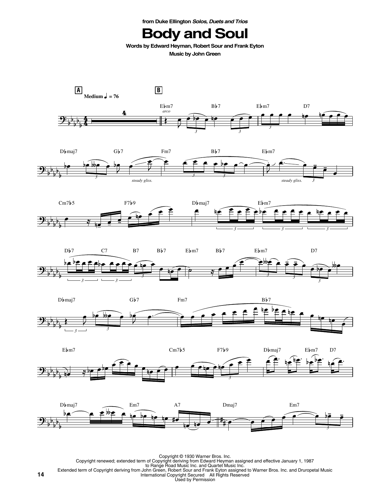 Duke Ellington Body And Soul Sheet Music Notes & Chords for String Bass Transcription - Download or Print PDF