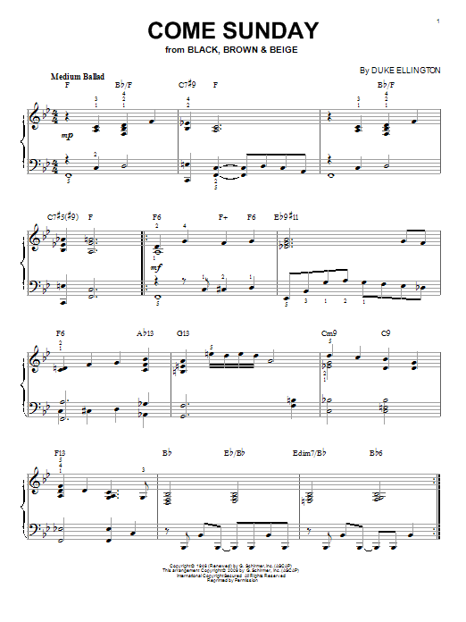 Duke Ellington Come Sunday (arr. Brent Edstrom) Sheet Music Notes & Chords for Piano - Download or Print PDF