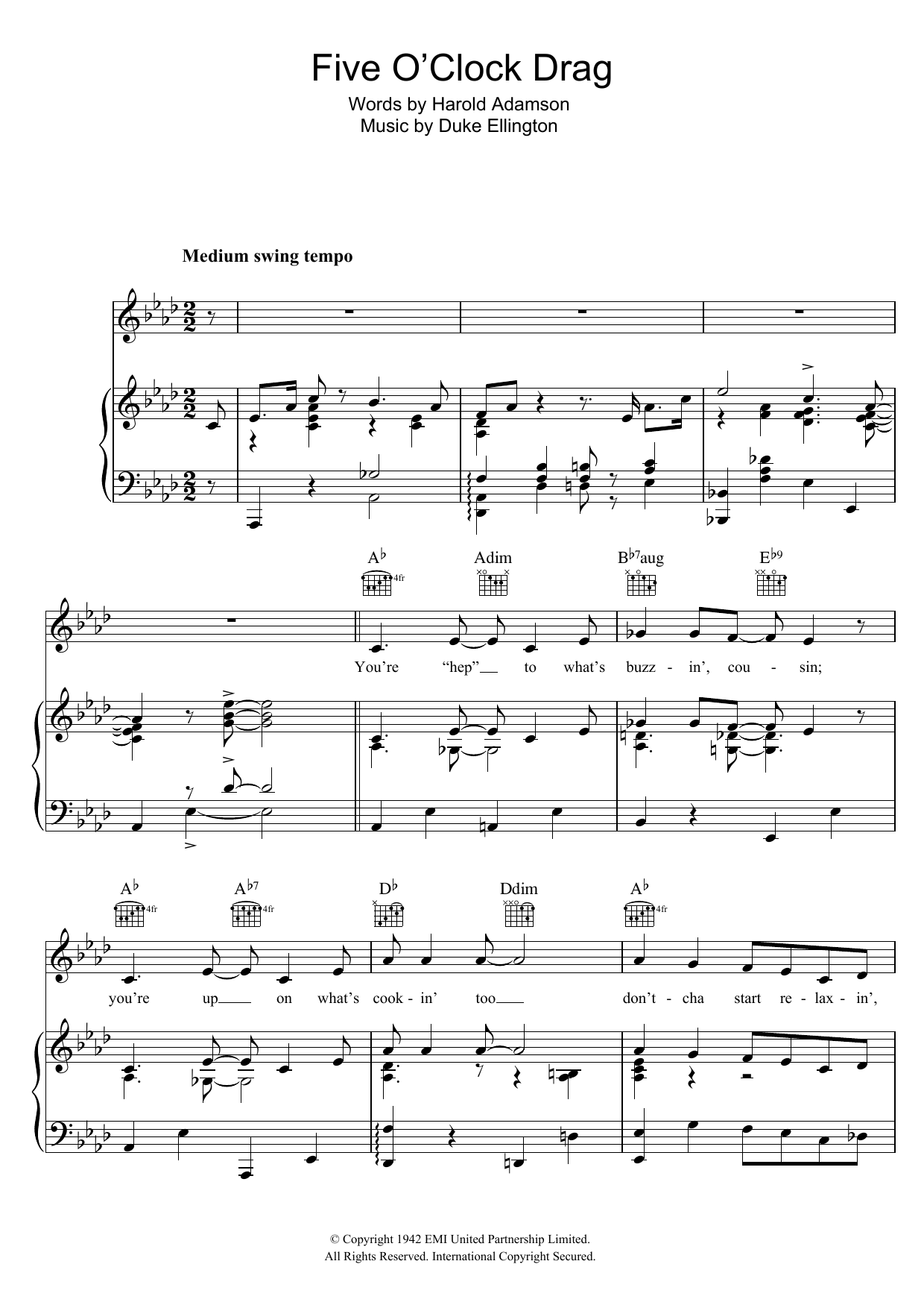 Duke Ellington Five O'Clock Drag Sheet Music Notes & Chords for Piano, Vocal & Guitar (Right-Hand Melody) - Download or Print PDF