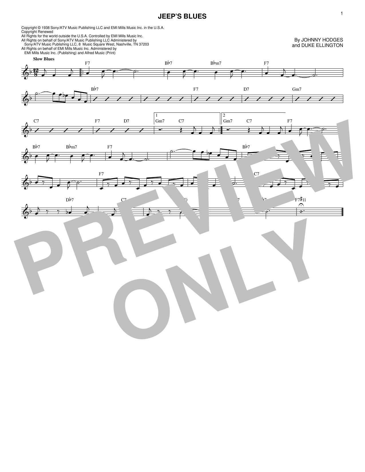 Duke Ellington Jeep's Blues Sheet Music Notes & Chords for Melody Line, Lyrics & Chords - Download or Print PDF