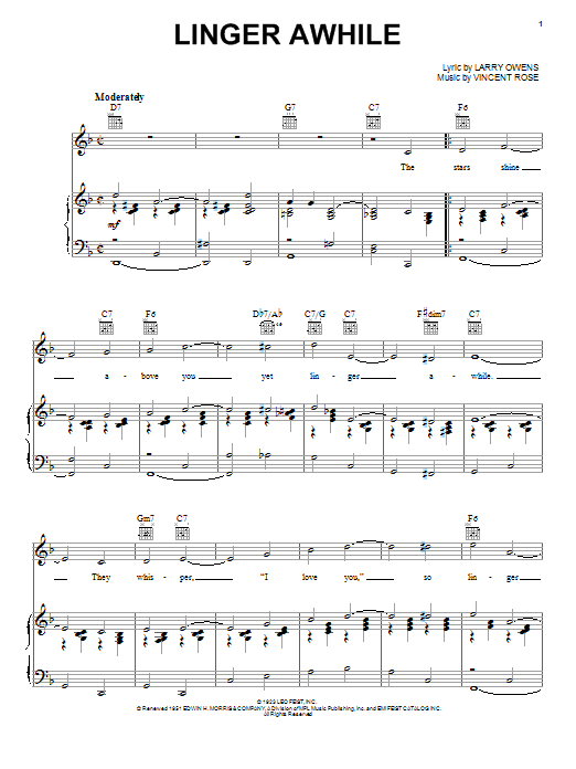 Duke Ellington Linger Awhile Sheet Music Notes & Chords for Piano, Vocal & Guitar (Right-Hand Melody) - Download or Print PDF