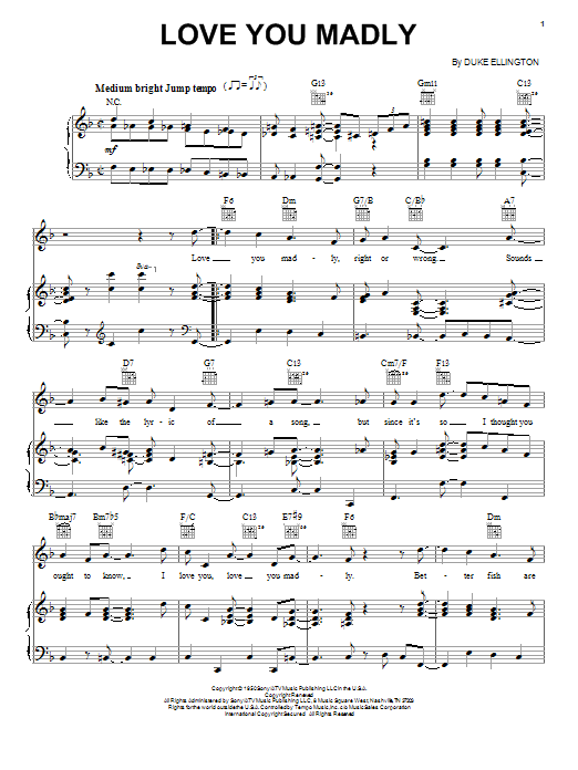 Duke Ellington Love You Madly Sheet Music Notes & Chords for Piano, Vocal & Guitar (Right-Hand Melody) - Download or Print PDF
