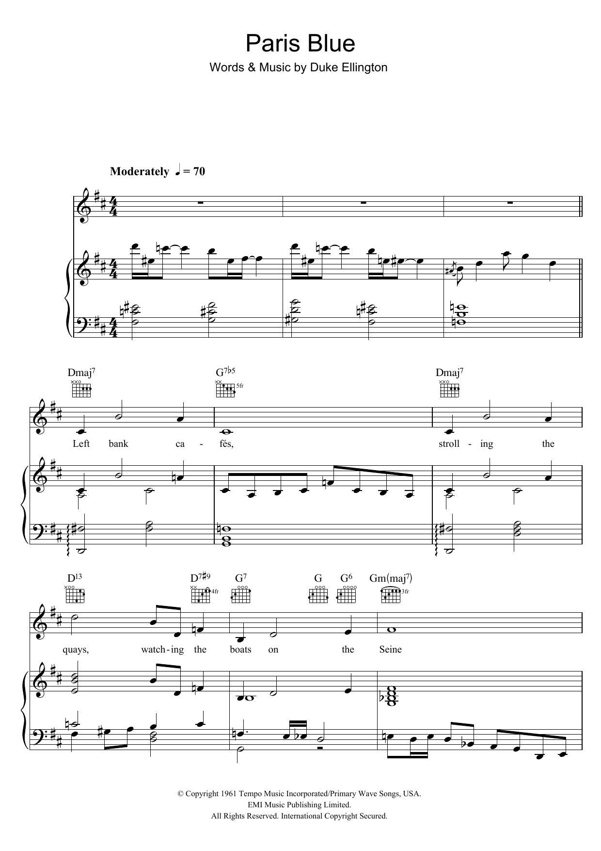 Duke Ellington Paris Blues Sheet Music Notes & Chords for Piano, Vocal & Guitar (Right-Hand Melody) - Download or Print PDF