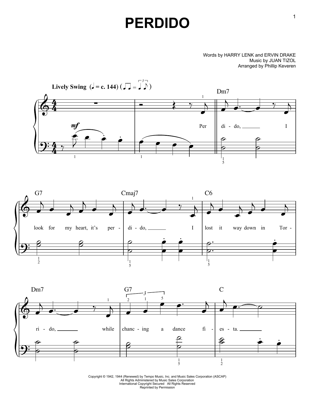 Duke Ellington Perdido (arr. Phillip Keveren) Sheet Music Notes & Chords for Easy Piano - Download or Print PDF