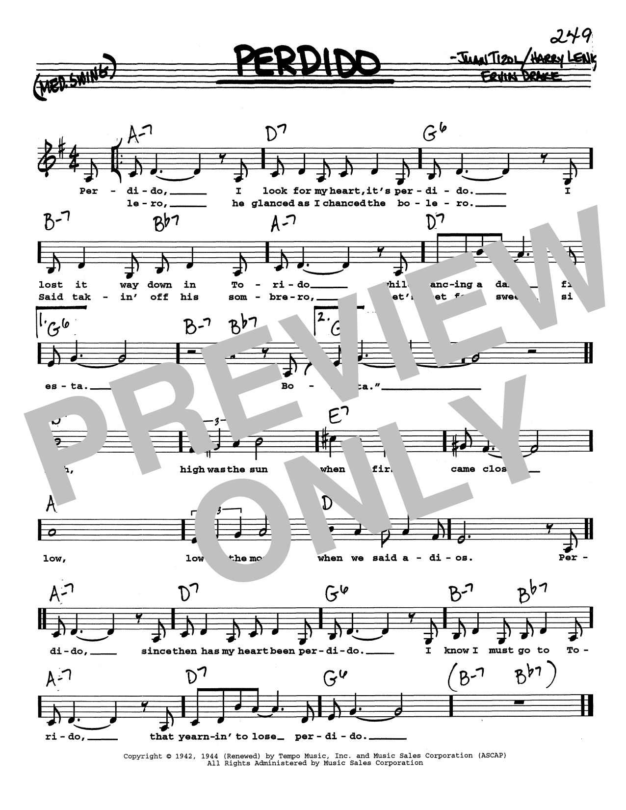 Duke Ellington Perdido (Low Voice) Sheet Music Notes & Chords for Real Book – Melody, Lyrics & Chords - Download or Print PDF
