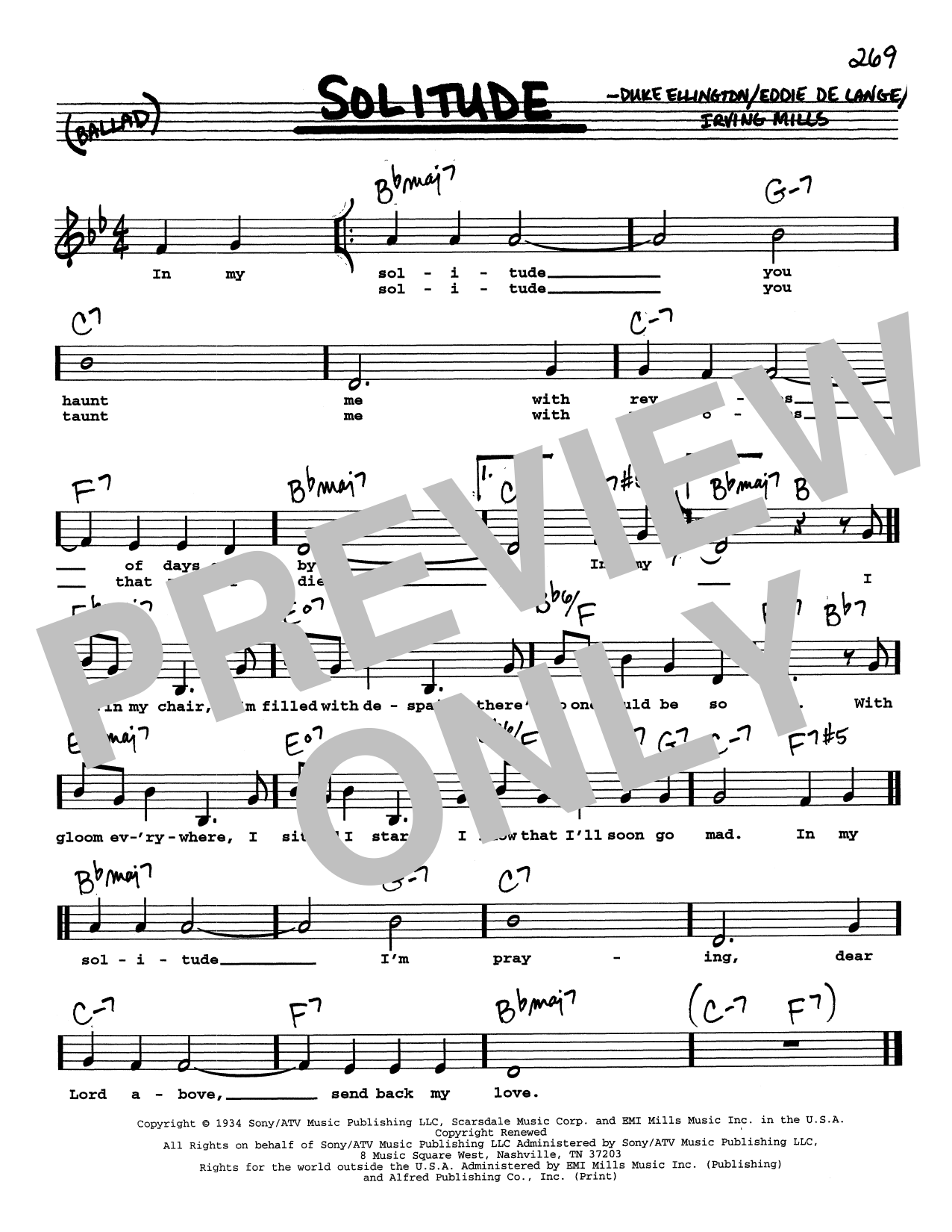 Duke Ellington Solitude (Low Voice) Sheet Music Notes & Chords for Real Book – Melody, Lyrics & Chords - Download or Print PDF