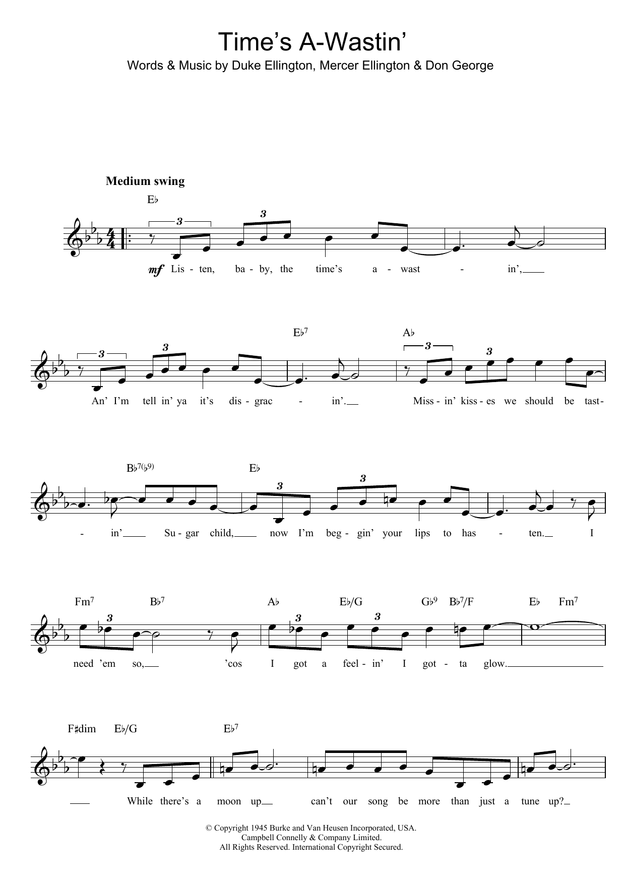 Duke Ellington Time's A Wastin' Sheet Music Notes & Chords for Melody Line, Lyrics & Chords - Download or Print PDF