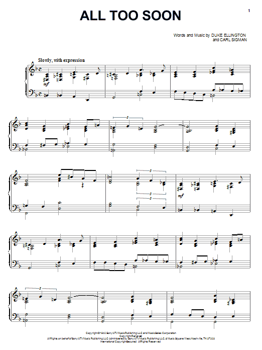 Preview Duke Ellington All Too Soon Jazz sheet music, notes and chords for Piano, Vocal & Guitar (Right-Hand Melody), SKU: 68314 All Too Soon sheet music