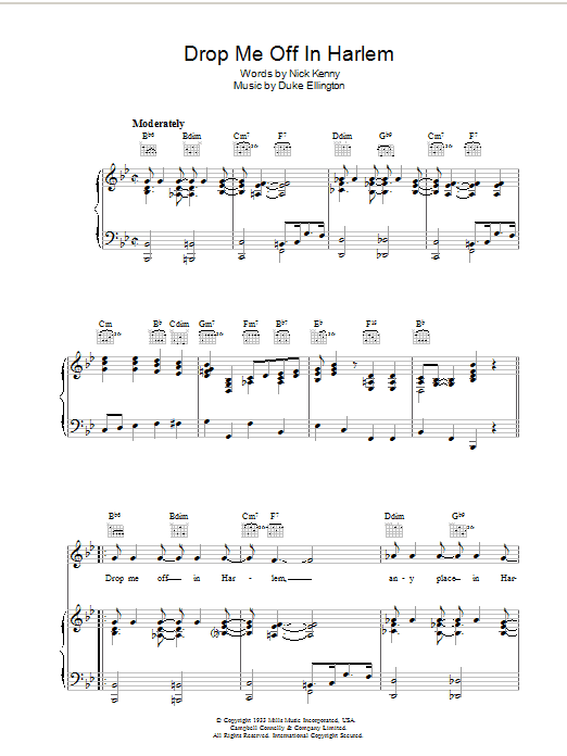 Preview Duke Ellington Drop Me Off In Harlem Jazz sheet music, notes and chords for Piano, Vocal & Guitar (Right-Hand Melody), SKU: 37035 Drop Me Off In Harlem sheet music