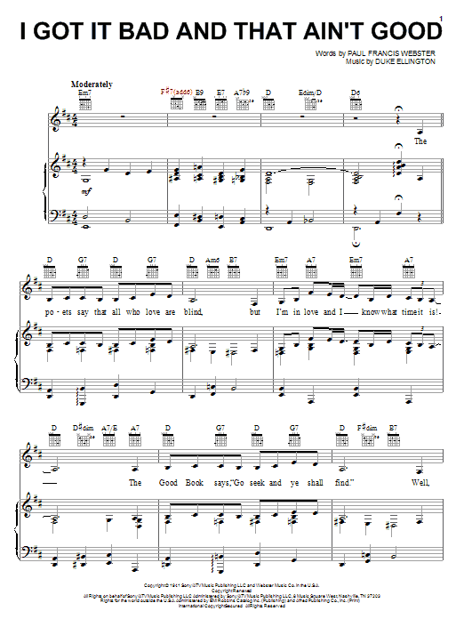 Preview Duke Ellington I Got It Bad And That Ain't Good Jazz sheet music, notes and chords for Real Book - Melody, Lyrics & Chords - C Instruments, SKU: 60988 I Got It Bad And That Ain't Good sheet music
