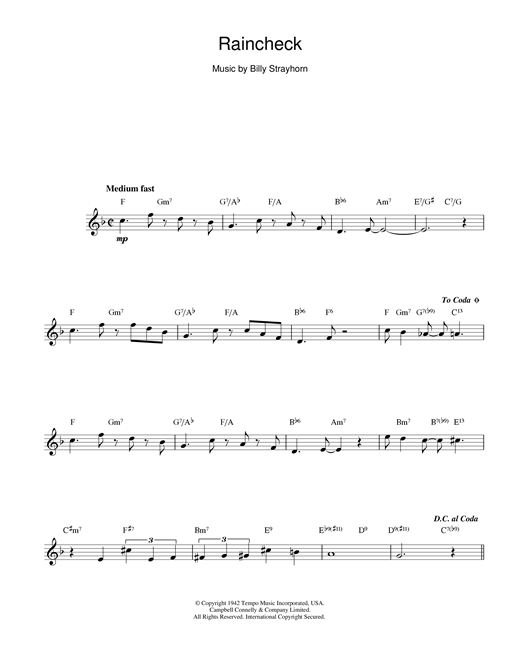 Preview Duke Ellington Raincheck Jazz sheet music, notes and chords for Melody Line & Chords, SKU: 14147 Raincheck sheet music