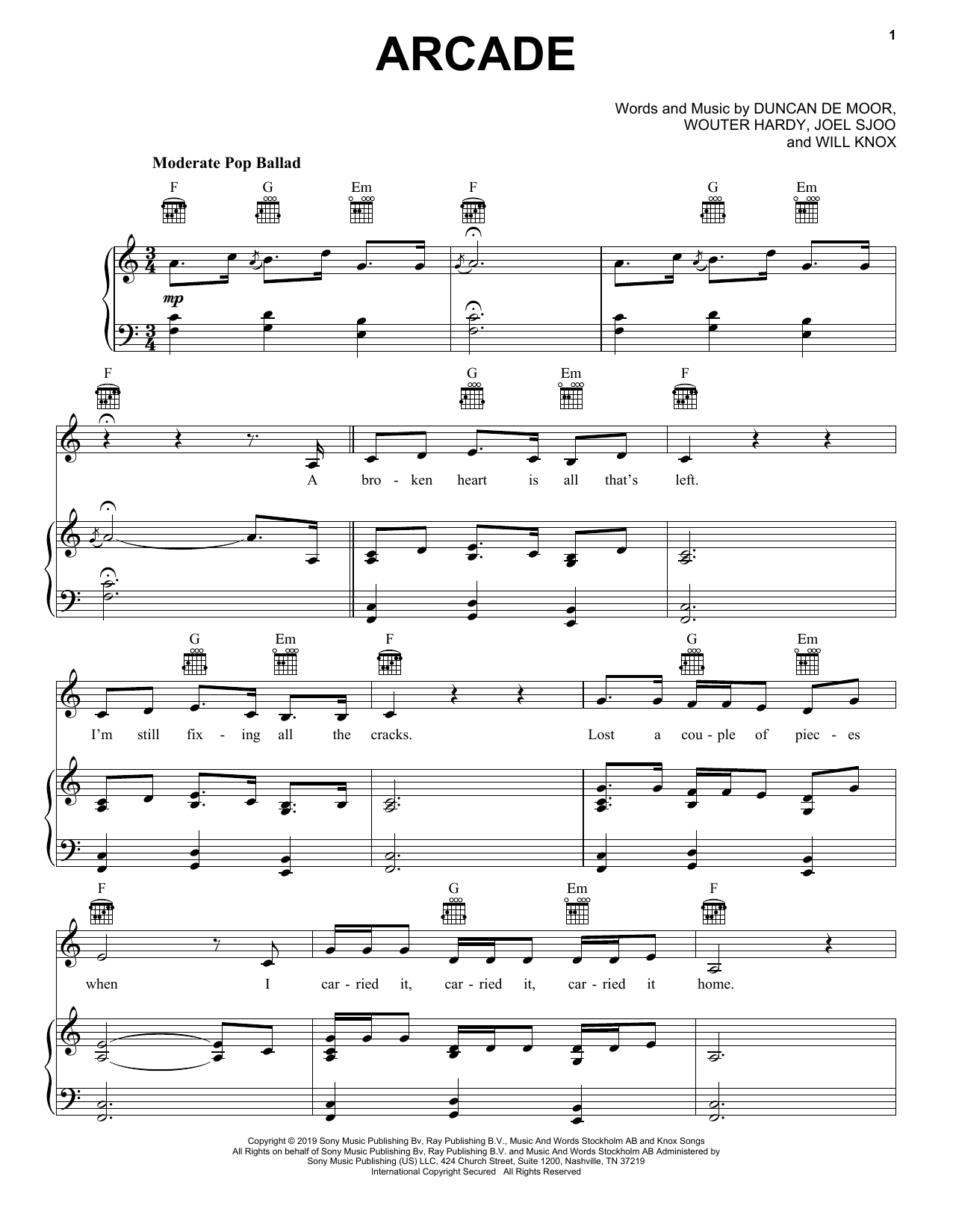 Duncan Laurence Arcade Sheet Music Notes & Chords for Piano, Vocal & Guitar (Right-Hand Melody) - Download or Print PDF